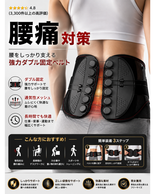 腰痛対策サポートベルト【強力固定・快適設計】